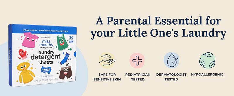 Miss Mouth's Messy Eater Laundry Detergent Sheets - 30 sheets - Clean and Hypoallergenic for Sensitive Skin, Pediatrician & Dermatologist Tested, Fragrance Free