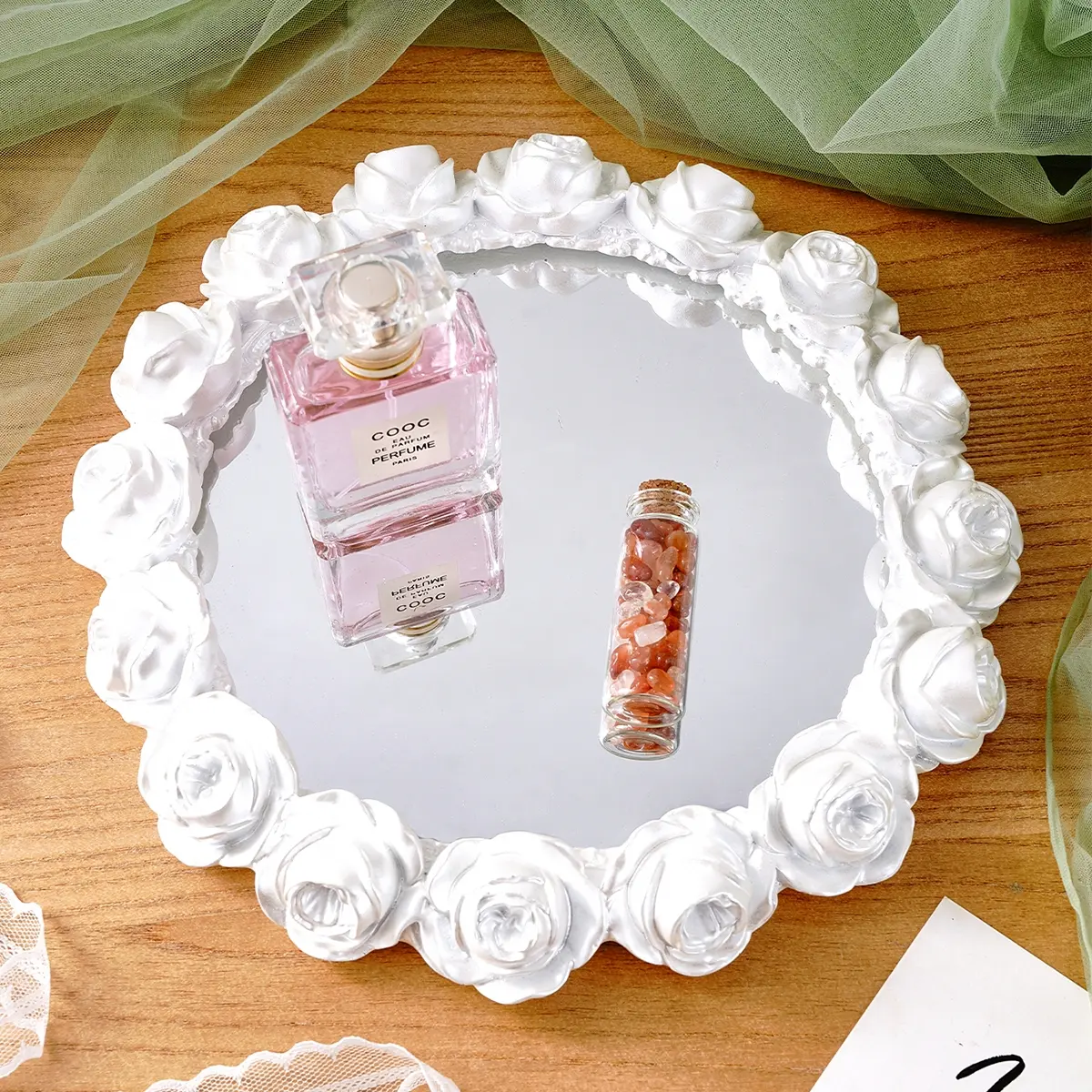European Rose Ring Mirror Tray, Resin Craft, High-Definition Glass Inlay, Photography Prop, Makeup Cosmetics Storage Display, Makeup Organizer Box, Beauty Organizer, Beauty Supplies Organizer, Cosmetic Organizers