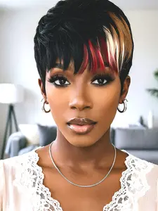 Short Pixie Cut Wig for Women, Human Hair Full Machine Made Wigs with Bangs, Multi Color Short Wigs, Stylish and Versatile Hairstyles