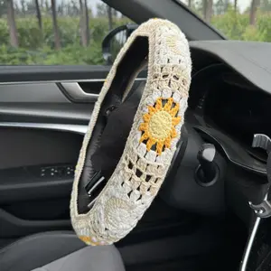 Handmade Crochet White Moon and Sun Car Steering Wheel Covers Universal 14-15 inch for Women and Men