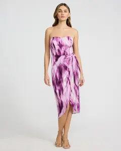 Express Satin Printed Strapless Wrap Tie Midi Sheath Dress