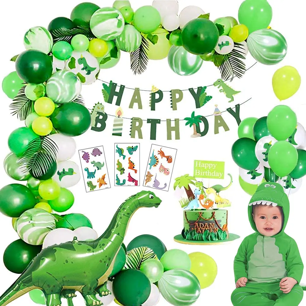 Dinosaur Birthday Party Decorations for Kids with Dinosaur Balloon, Green Agate Latex Balloons, Cake Topper, HAPPY BIRTHDAY Banner, and Balloons for Jurassic Dinosaur Jungle Party Decor