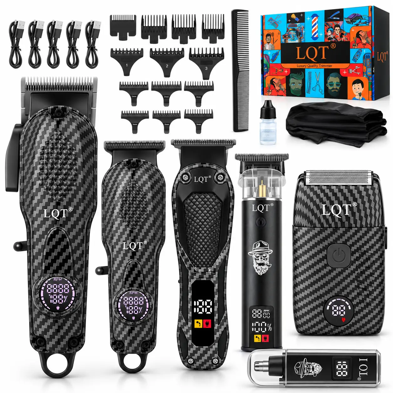 LQT 6-in-1 Professional Carbon Fiber Male Grooming Sets, Cordless Barber Hair Clippers with Foil Shaver, Nose Trimmer, Digital Display, Guide Combs & Grooming Accessories