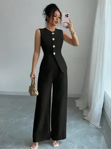 Women's Summer Plain Woven Short Sleeve Fitted Vest Top & Pants Set, Suits, Elegant Minimalist Two-Piece Outfit, Casual Fashion Clothing for Ladies