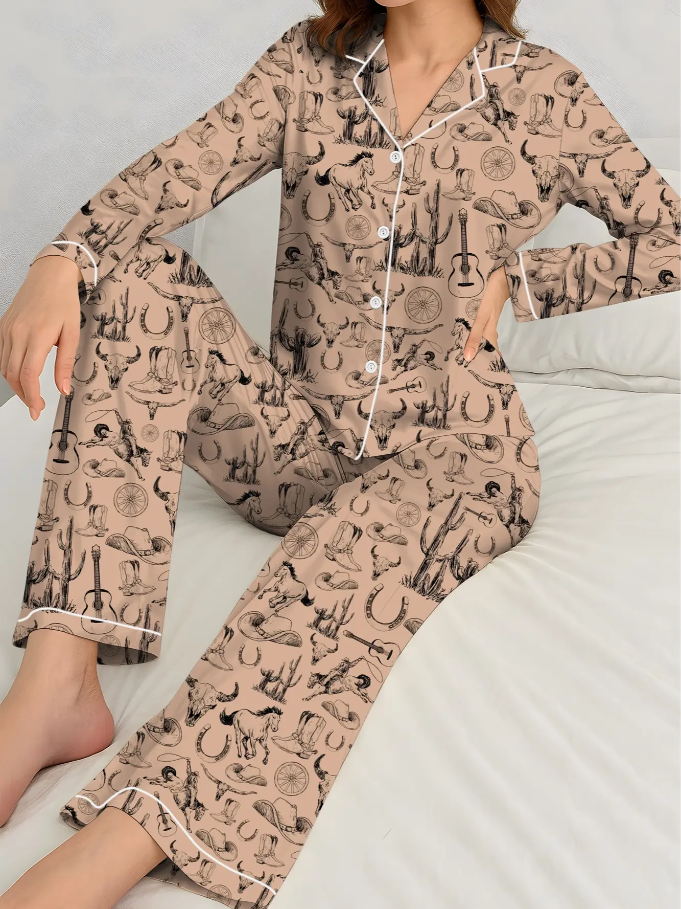 Horses Cowboy Pajamas Set, Cowboy Western Women Pajamas, Buffalo Head Midnight Shirt, Trendy Set Of Pajamas, Matching Pajamas Set
