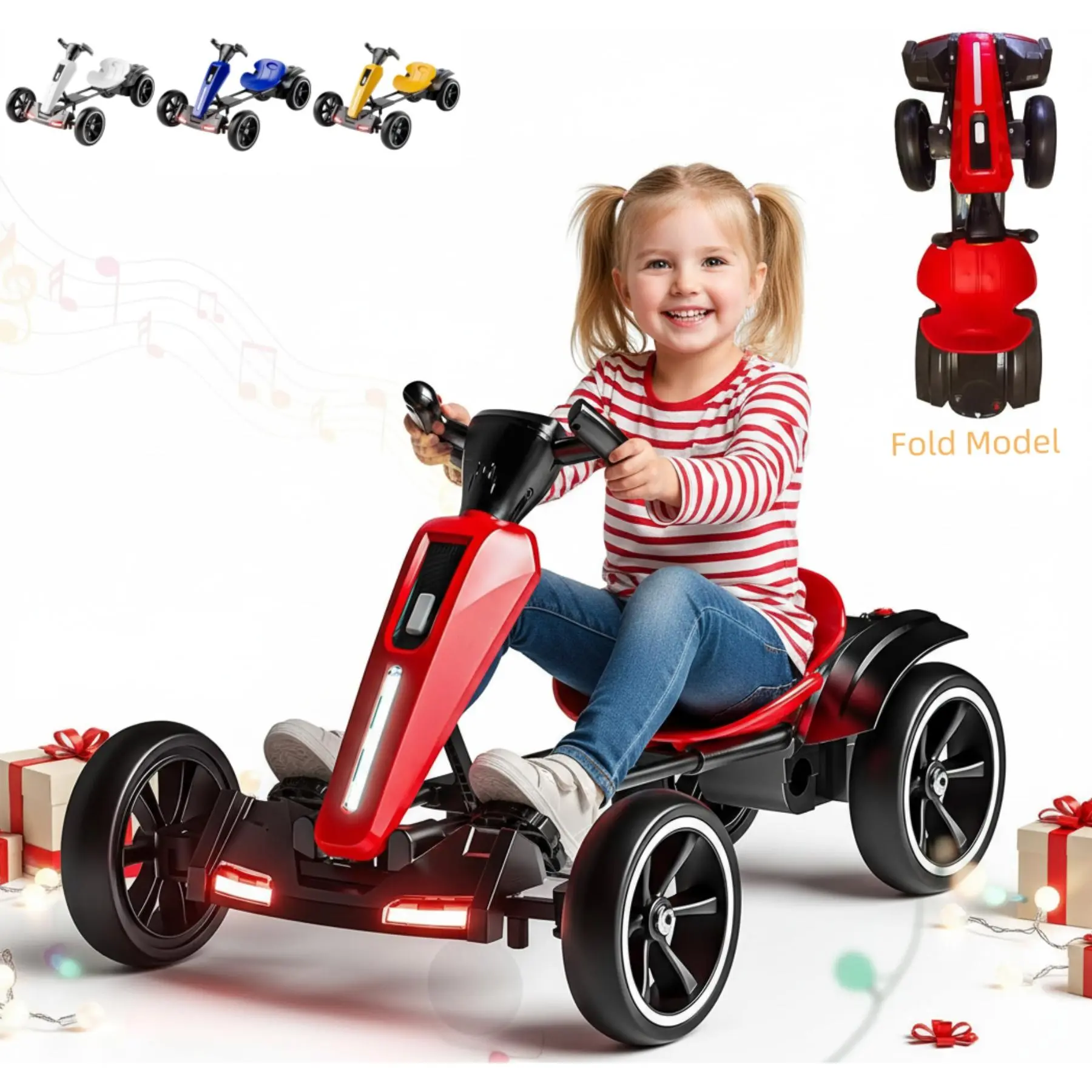 Kartivo 12V Electric Go Kart for Kids, Foldable Pedal Go Kart with Reversing Modes, Ride-on Toys with Adjustable Seat, Music, Lights,Slow Start, Drift Go Cart for Boys Girls 3+,Red, Four Wheel Design