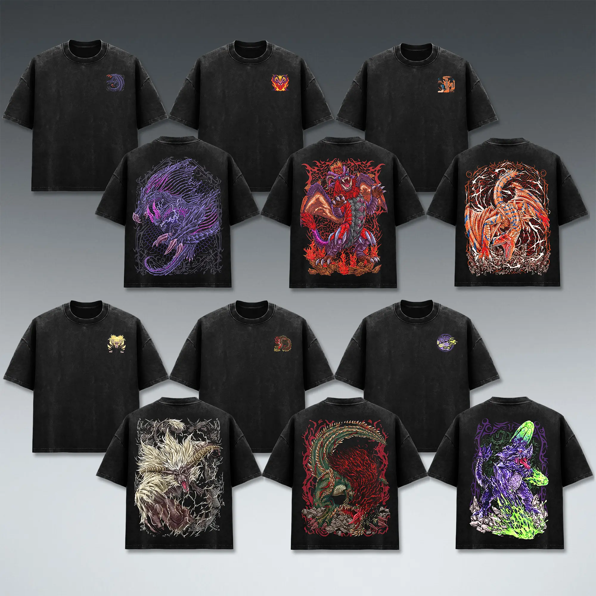 [COLLECTION] Monster Hunter Game T-Shirt, Rathalos Deviljho Nergigante Brachydios Graphic Tee, Rajang Gore Magala Back Print, Vintage Black Wash Heavyweight Cotton, Oversized Drop Shoulder Streetwear, Gaming Fan Apparel