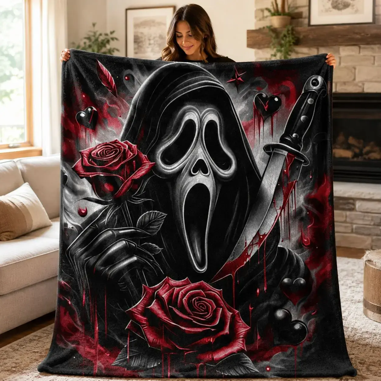 1pc Scream Ghost Face Themed Flannel Blanket, Dark Rose & Bloody Knife Print, Gothic Horror Style. Soft Multi-use Graphic Throw Blanket for Sofa, Bed, Office, Camping, Ideal for Halloween Gifts.