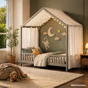 Montessori Toddler Bed Frame - House-Shape Twin-Size Wood Frame with Canopy, High Railings, Roof, Grey Kids' Furniture