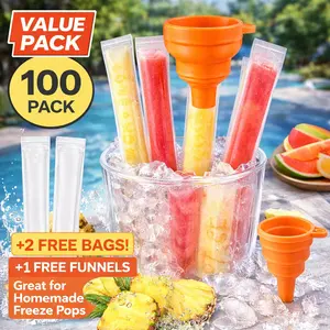 100 Disposable Ice Popsicle Mold Bags – BPA Free Freezer Tubes with Zip Seals, Includes Funnel, 11"x2" for Healthy Snacks, Yogurt Sticks, Juice, Smoothies, Ice Candy Pops