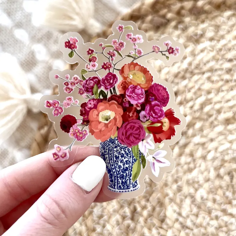 Elyse Breanne Design Removable & Replaceable Porcelain Vase Bouquet Vinyl Sticker - Waterproof, 2.7x3.25" Office Stationery Stickers for Notebooks, Paper, Cars/Bottles