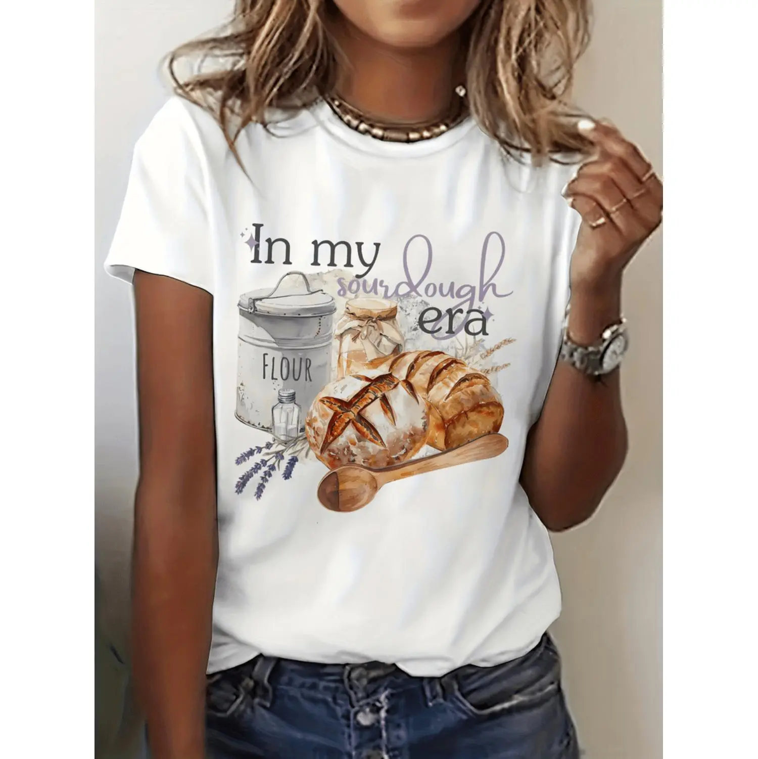 Women In Their Sourdough Era Graphic Tee Soft Polyester Blend Short Sleeve Crewneck Baking Themed Casual Summer Top With Playful Design And Glossy Texture