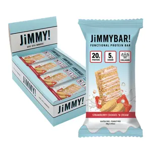 JimmyBar! Strawberry COLLAGEN Protein Bar - 20g Protein, COLLAGEN, Low Sugar, Functional Bar, 12 Count Box, Peanut-Free, High Protein Snack Healthy