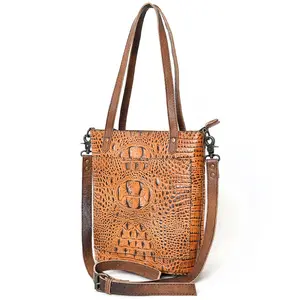 American Darling LC-ADBG960 Tote Bag Genuine Western Leather Crocodile Embossed Full Grain Adjustable Strap Eco Friendly Handcrafted 11in x 9.5in x 3in