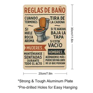 "Reglas de Baño" Funny Spanish Bathroom Rules Metal Sign, Humorous Toilet Themed Aluminum Wall Art, 12×8in Decor for Spanish-Speaking Bathrooms, Restroom, Home