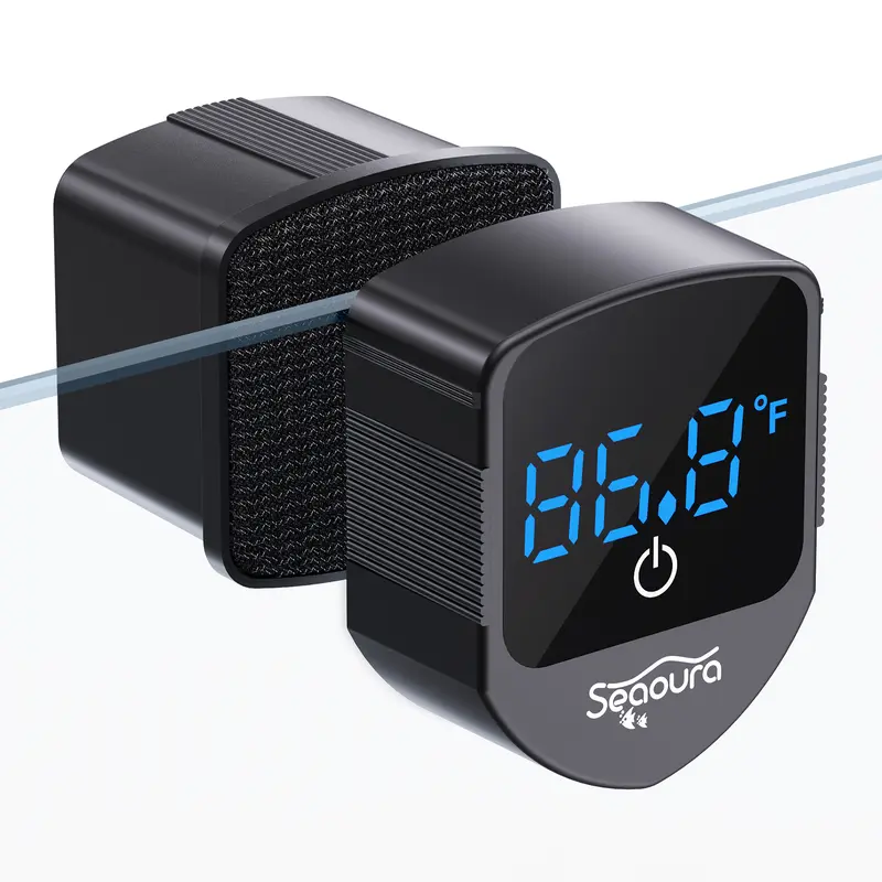 SEAOURA 2-in-1 Magnetic Algae Scraper Aquarium Cleaner with Digital Thermometer, Universal for 1-30 Gal Glass & Acrylic Tanks, Backside Temperature Sensor, Compact Efficient Home Tool