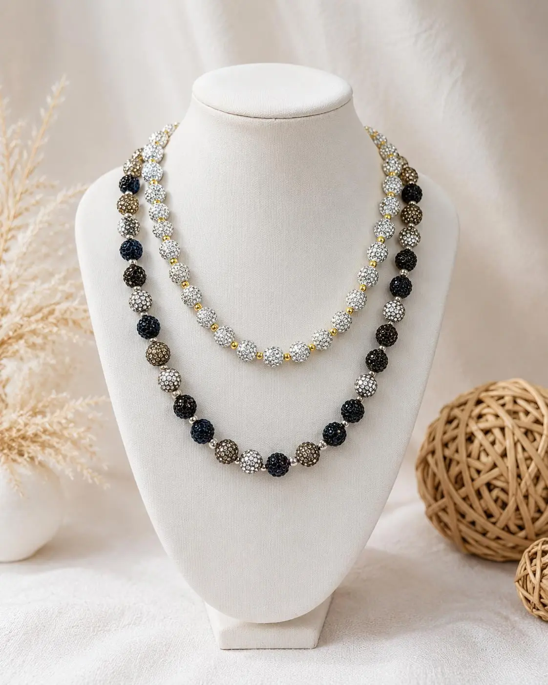 Black & White Rhinestone Beaded Necklace
