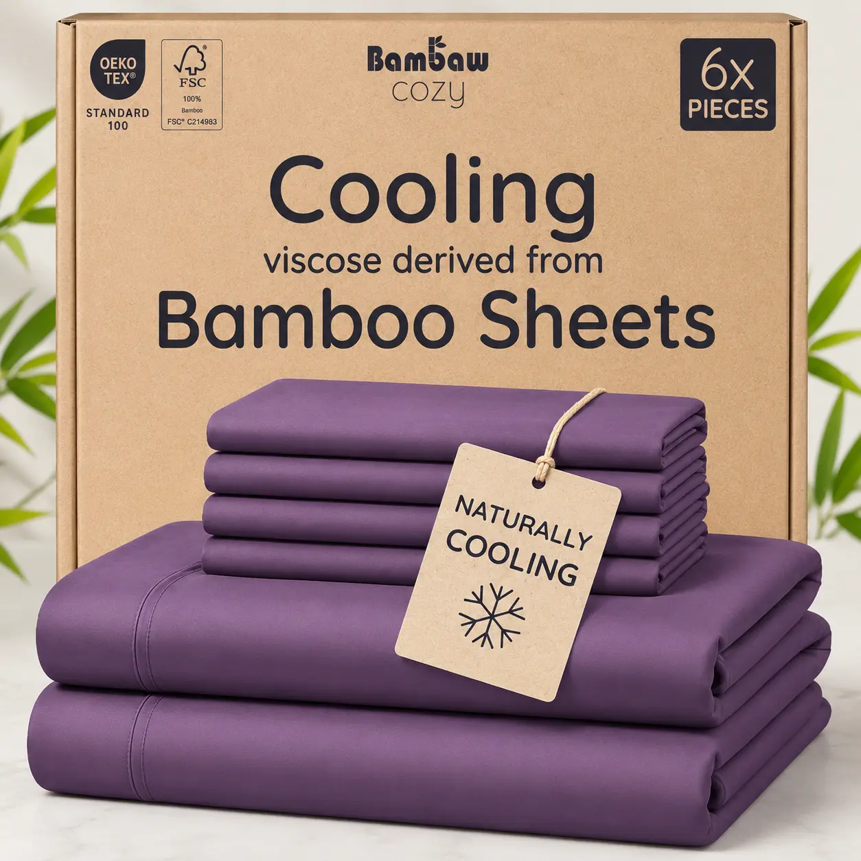 Jollyvogue 6-Piece Extra Deep Pocket Bamboo Sheets Set - Plain Weave, Breathable Cooling Hotel Luxury Soft Wrinkle-Resistant Fitted Sheets - Comfortable Sleep Fit for Full/Queen/King Beds