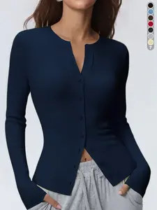 Women's Ribbed Long Sleeved Round Neck Knitted Tops, Solid Color Light T-Shirt Fit for Spring and Autumn, Casual Sports Daily Wear