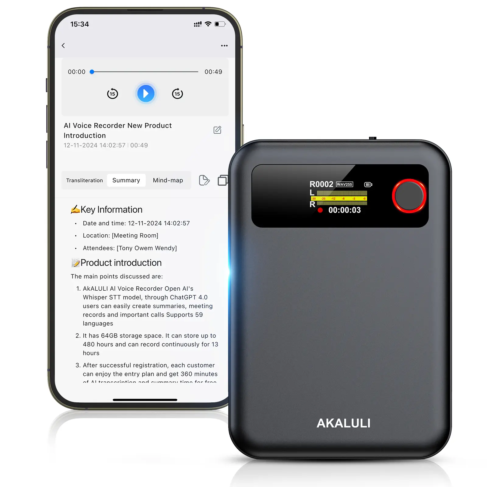 Smart Voice Recorder 64GB Portable AI-Powered, 104-Language Multilingual Transcription, Summarization, App-Controlled Dual-Mode Recording, 1-Touch Playback, Lightweight and Durable, Long Battery Life, Audio Voice Changer with Manufacturer Warranty