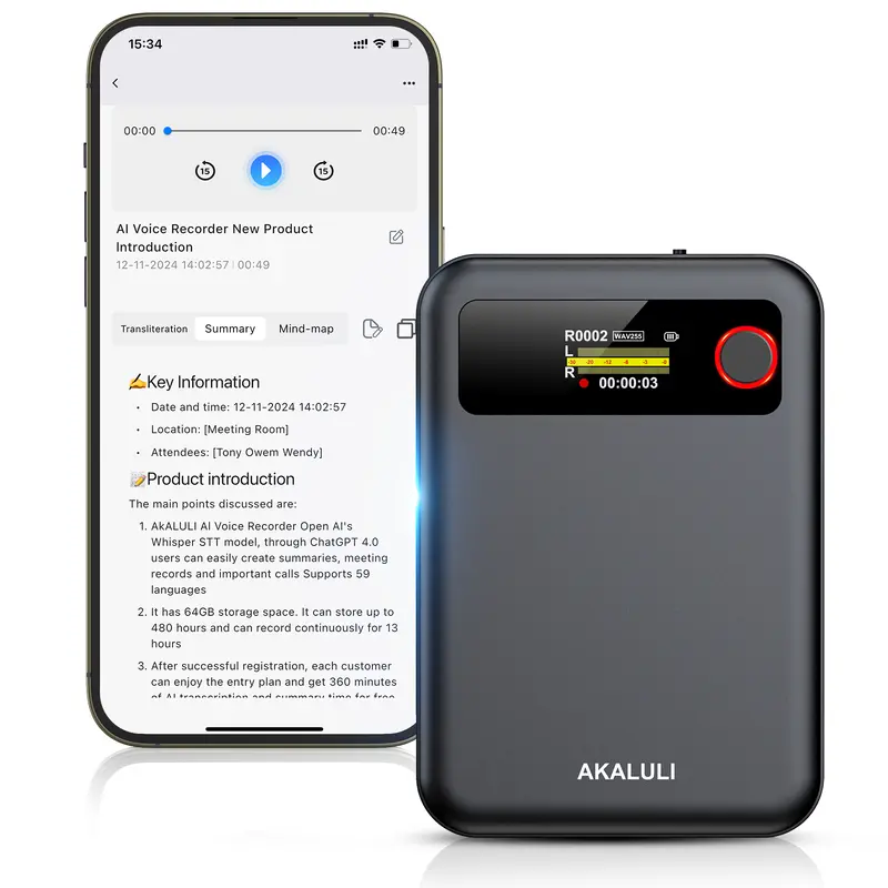 Smart Voice Recorder 64GB Portable AI-Powered, 104-Language Multilingual Transcription, Summarization, App-Controlled Dual-Mode Recording, 1-Touch Playback, Lightweight and Durable, Long Battery Life, Audio Voice Changer with Manufacturer Warranty