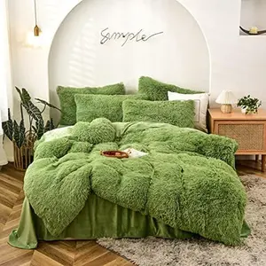Shaggy Faux  Comforter Set Full/ Size Green Plush Fuzzy Bedding Set Ultra Soft  Microfiber Comforter 3 count (1 Plush Furry Comforter + 2 Pillowcases)
