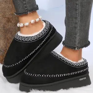 Women's Mini Snow Boots Embroidered Platform Slippers Fleece-Lined Warm Winter Mules with Thick Sole Indoor Outdoor Shoes