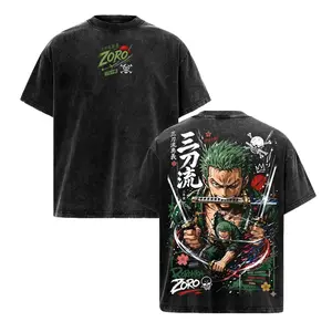 Roronoa Zoro Vintage Washed Graphic Tee - Oversized Heavy Cotton One Piece Anime T-Shirt For Men & Women - Three Sword Style Santoryu Streetwear Apparel - Cool Wano Arc Swordsman Gym Pump Cover Top - Retro Japanese Manga Clothing & Otaku Gift!