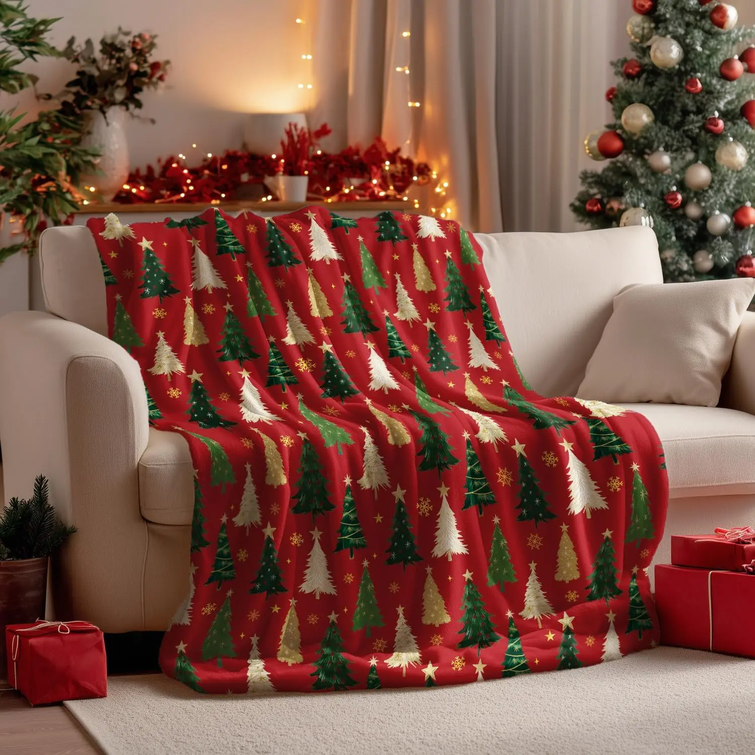 Horaldaily Vintage Style Christmas Flannel Throw Blanket, Red Christmas Tree Soft Fuzzy Plush Fleece, 50x60 in, for Couch Sofa Lounging, Ideal Gift for Adults Kids