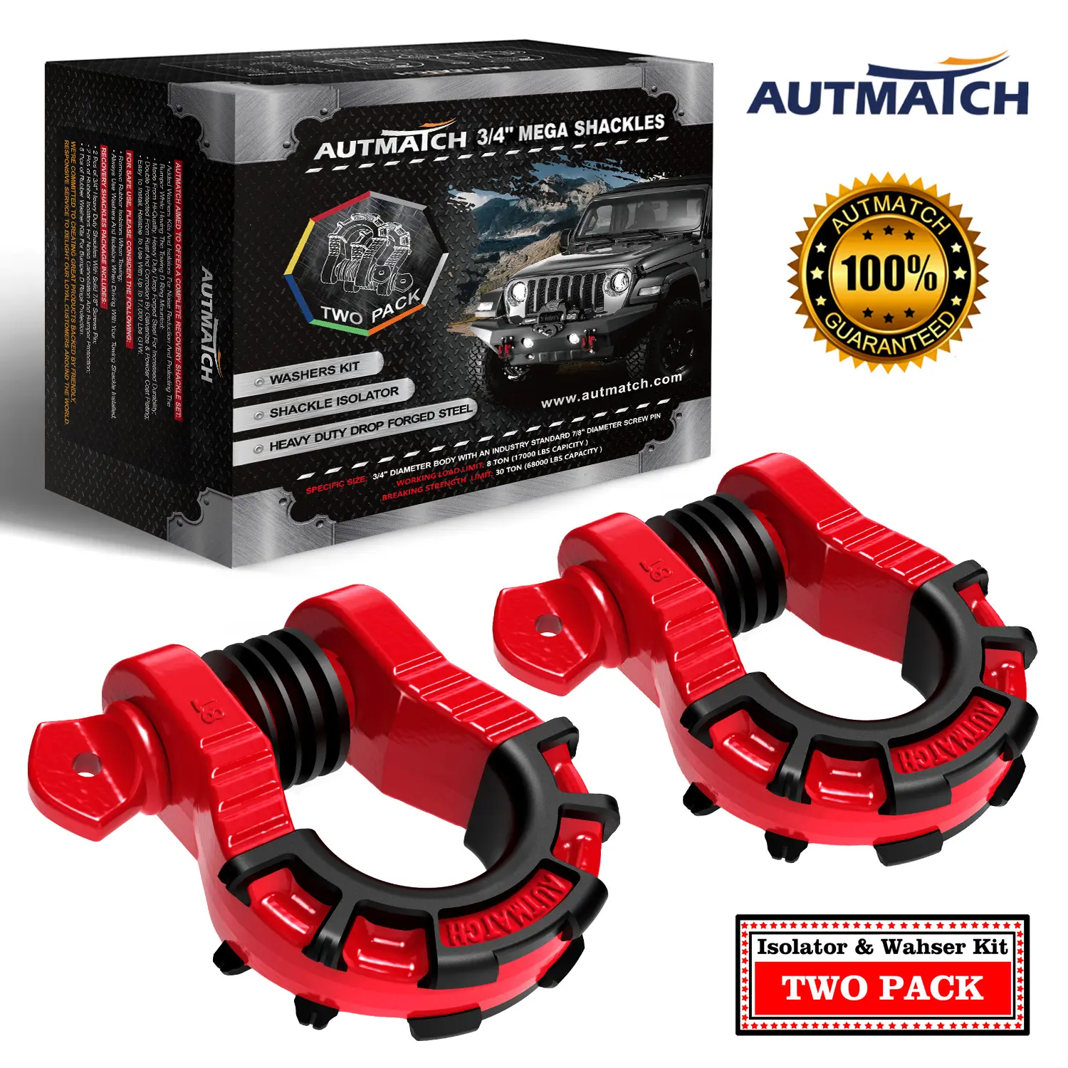 AUTMATCH Mega D Ring Shackles 3/4" Shackle (2 Pack) 68,000Ibs Break Strength with 7/8" Screw Pin and Shackle Isolator & Washers Kit for Tow Strap Winch Jeep Truck Off Road Vehicle Recovery