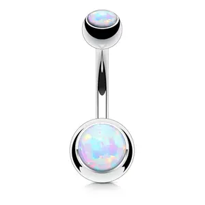 FIFTH CUE 316L Surgical Steel Opal Belly Button Ring, 14GA (1.6mm), 3/8" (10mm) Length, 5 & 8mm Balls, Belly Piercing for Women Opal Surgical Steel Belly Button Rings