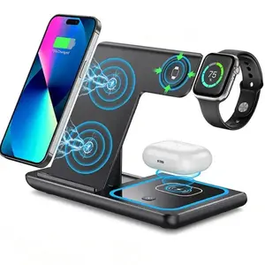 LED Fast Wireless Charger Stand 3 in 1 Foldable Charging Station For iPhone 17 16 15 14Apple Watch 9 8 7 6 5 Airpods Pro