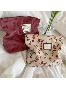 Rose Pattern Hexagonal Makeup Bag, Large Capacity Soft Flower Design, Travel Essential for Women Girls, Perfect Gift