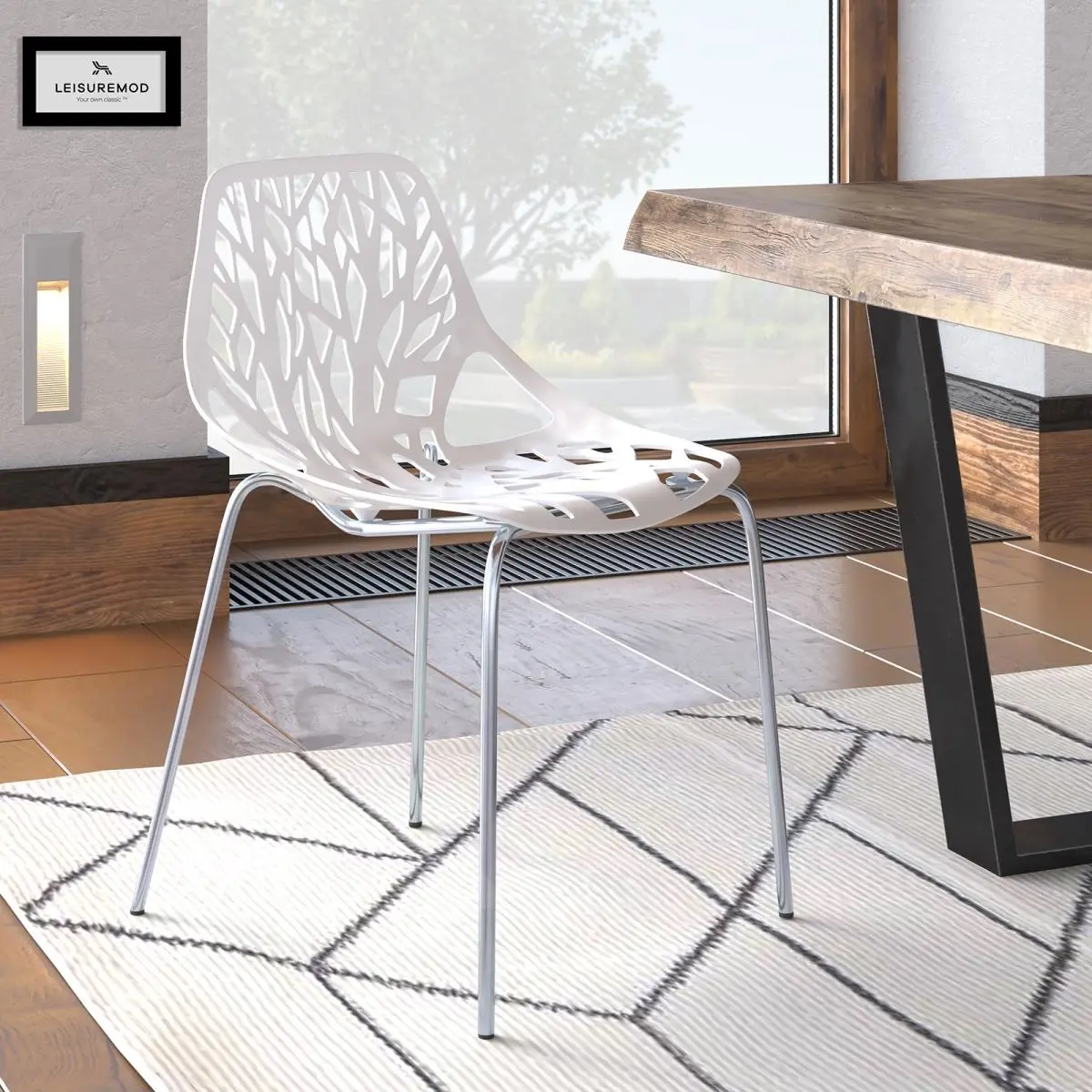 LeisureMod AC16W Backless Modern Dining Chair - 31.5" H Full Height, 19" Seat Height, White with Chromed Legs, for Dining Table, Restaurant Use