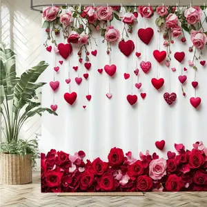 1pc Thick Romantic Red Roses & Hearts Decorative Polyester Shower Curtain, Stainless Metal Hooks Included, Elegant Floral Bathroom Supplies, Machine Washable Hanging Bathroom Decor for Wedding Anniversary, Valentine's Day Easy Hanging
