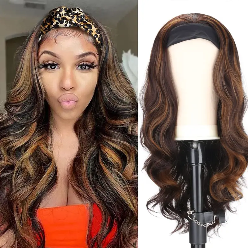 26 in Glueless Headband Wig for Black Women - Honey Blonde Highlight Ombre Brown Body Wave, Velcro Straps, Heat Friendly 160°c Heat Safe Long Synthetic Full Machine Hair Extension for Concerts