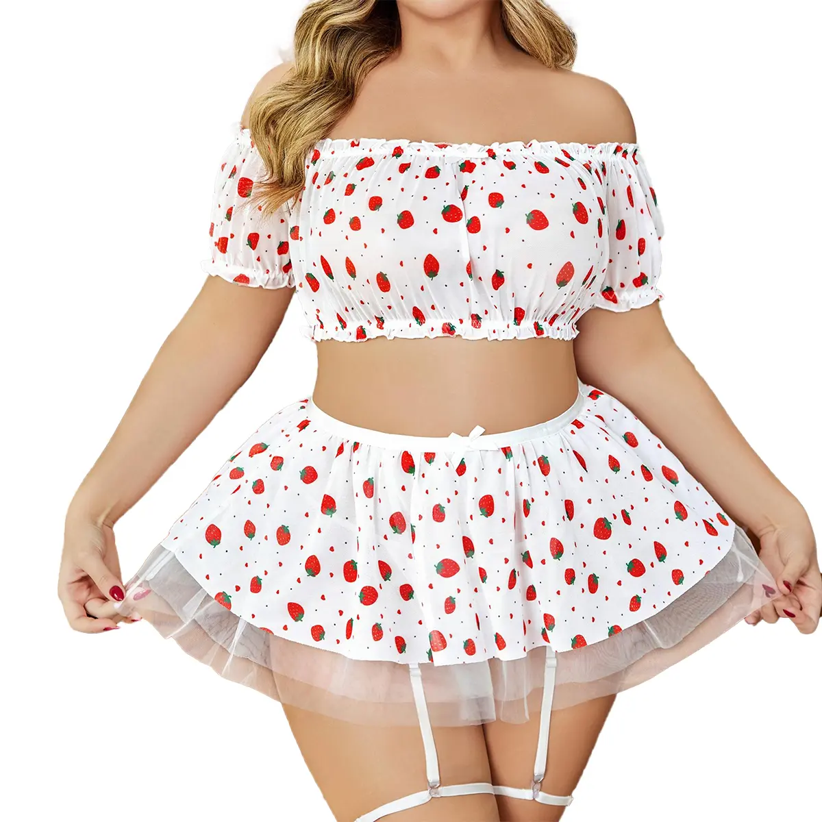 Avidlove Plus Size Garter Lingerie Set Mesh Ruffle Cosplay Lingerie with Mini Skirt 3 Piece Lingerie Set