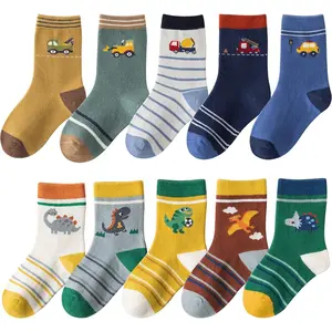 X-SOK06   Toddler Boys Cotton Socks Little Kids Big Boys Crew Dress Socks Colorful Striped Cartoon Dinosaur Car socks