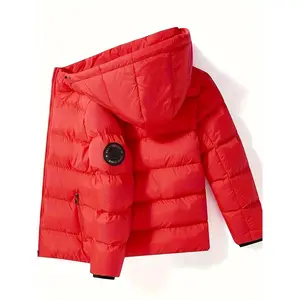 Boys' Red Winter Jacket - Warm, Thickened Thermal Coat, Hooded, Front Zipper, Letter Print Detail - Casual Children's Polyester Fiber Coat, Machine Washable