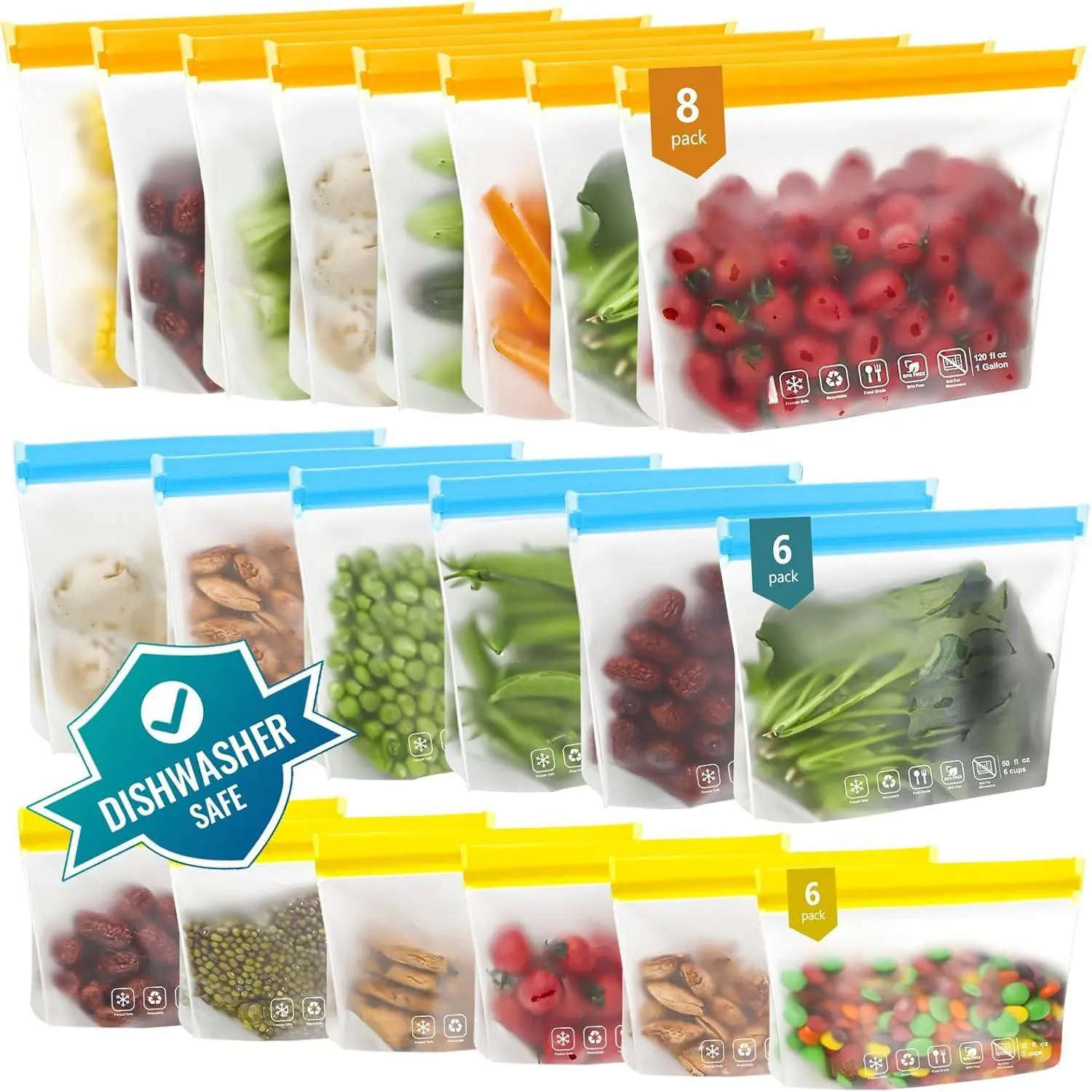 20Pack Reusable Bags Dishwasher Safe  Leakproof Freezer BPA Free Food Storage Contaizers Sandwich Snack Baggies for Lunch Travel(8 Gallon 6 Quart Colored)
