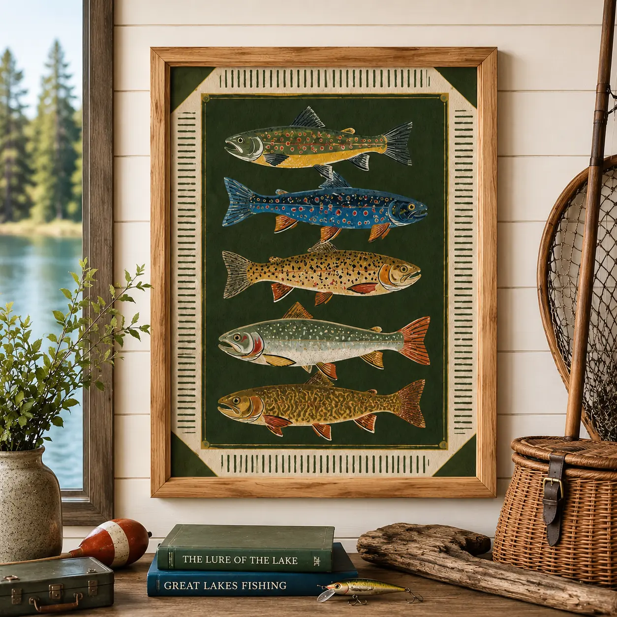 Vintage Nature Cream-Border Freshwater Trout Wall Art Poster, Rustic Fishing Cabin Decorative Artwork, Angler Gift