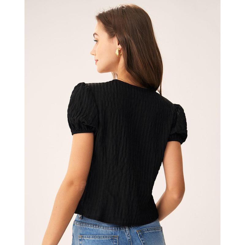 Black Jacquard Lace Button Blouse