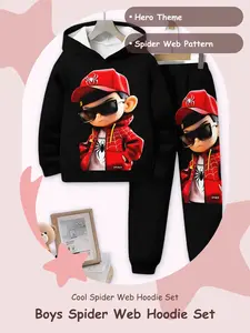 Boys' Spider Web Hooded Set, Pattern Two-Piece Casual Hero Theme Clothing, Spring & Fall Fashion for Kids