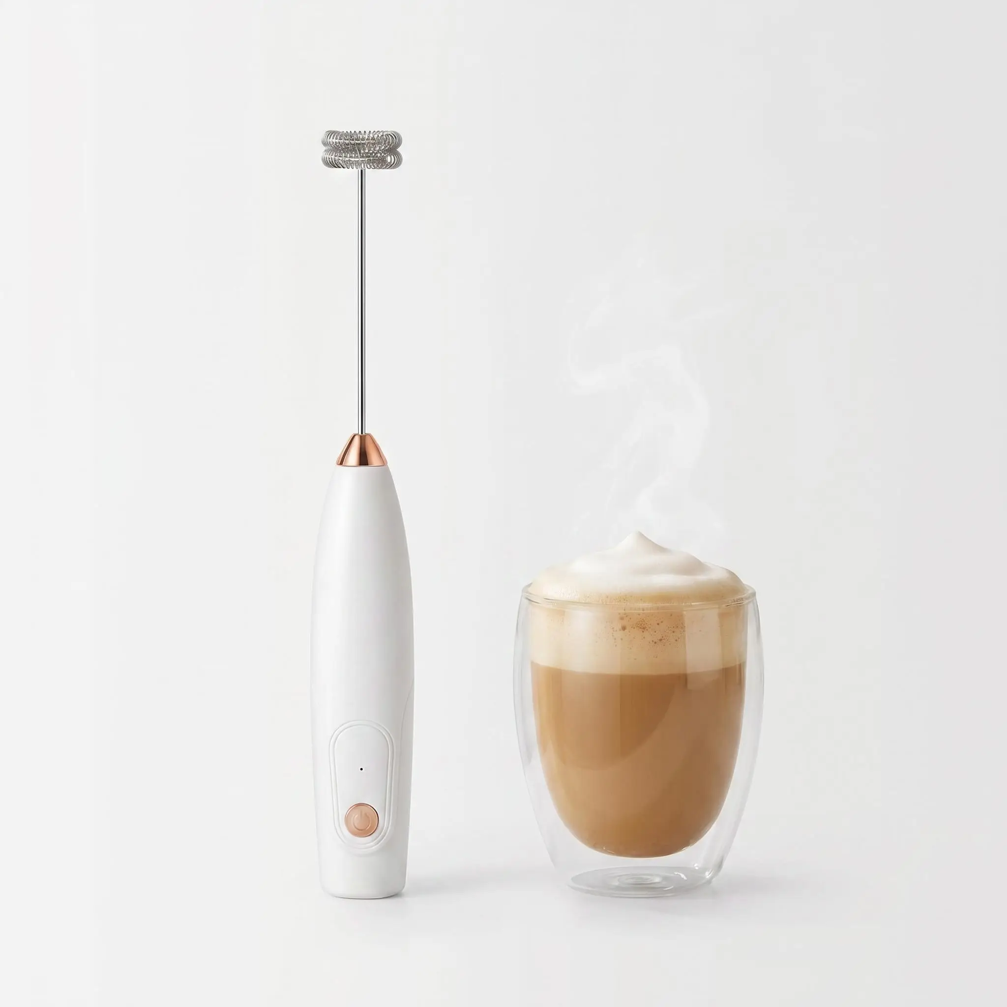 Milk frother, electric frother, includes a USB charging cable; rotates at 1,200 RPM per minute for rapid foam formation. Suitable for mixing coffee liquids, tea, milk, protein powder, drink powders, and eggs; quickly blends and froths them.
