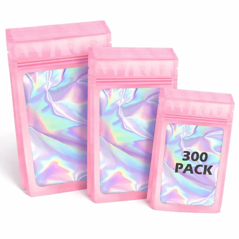300 Pack Holographic Mylar Bags, 3 Sizes Smell-Proof Resealable Zipper Pouches for Small Business – Jewelry, Lip Gloss, Food & Samples