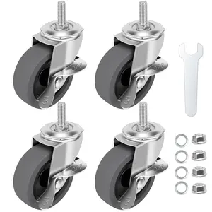 Caster Wheels, 3" Locking Swivel Stem Casters Set of 4, 3/8"-16 x 1 (Screw Diameter 3/8", Length 1") Rubber Casters with 360 Degree No Noise Wheels for Furniture