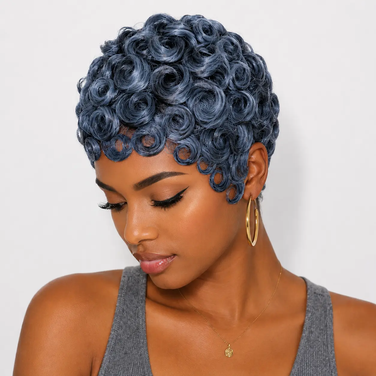 TIKUhair Black Women's Glueless Short Curly Pixie Cut Wigs Human Hair Costume Wigs with Finger Wave Design Deep Curly Wigs Human Hair Hazy Blue Natural Black Color