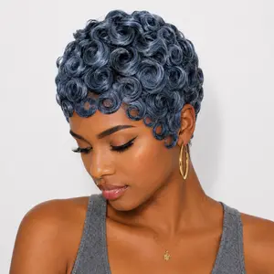 TIKUhair Black Women's Glueless Short Curly Pixie Cut Wig, Synthetic Costume Wig with Finger Wave Design