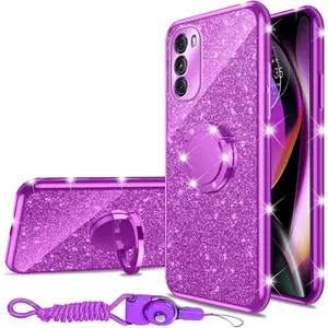 Glitter Phone Case for Motorola Moto G 5G 2022 Soft TPU Cover with 360°Rotatable Ring Kickstand Lanyard, Bling Slim Shockproof Protective Case for Women Girls - Purple