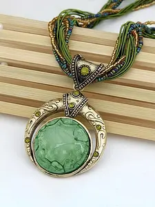 Boho Ethnic Hollow Out Round Pendant Handmade Beaded Necklace, Vintage Women's Casual Versatile Creative Party Vacation Necklace